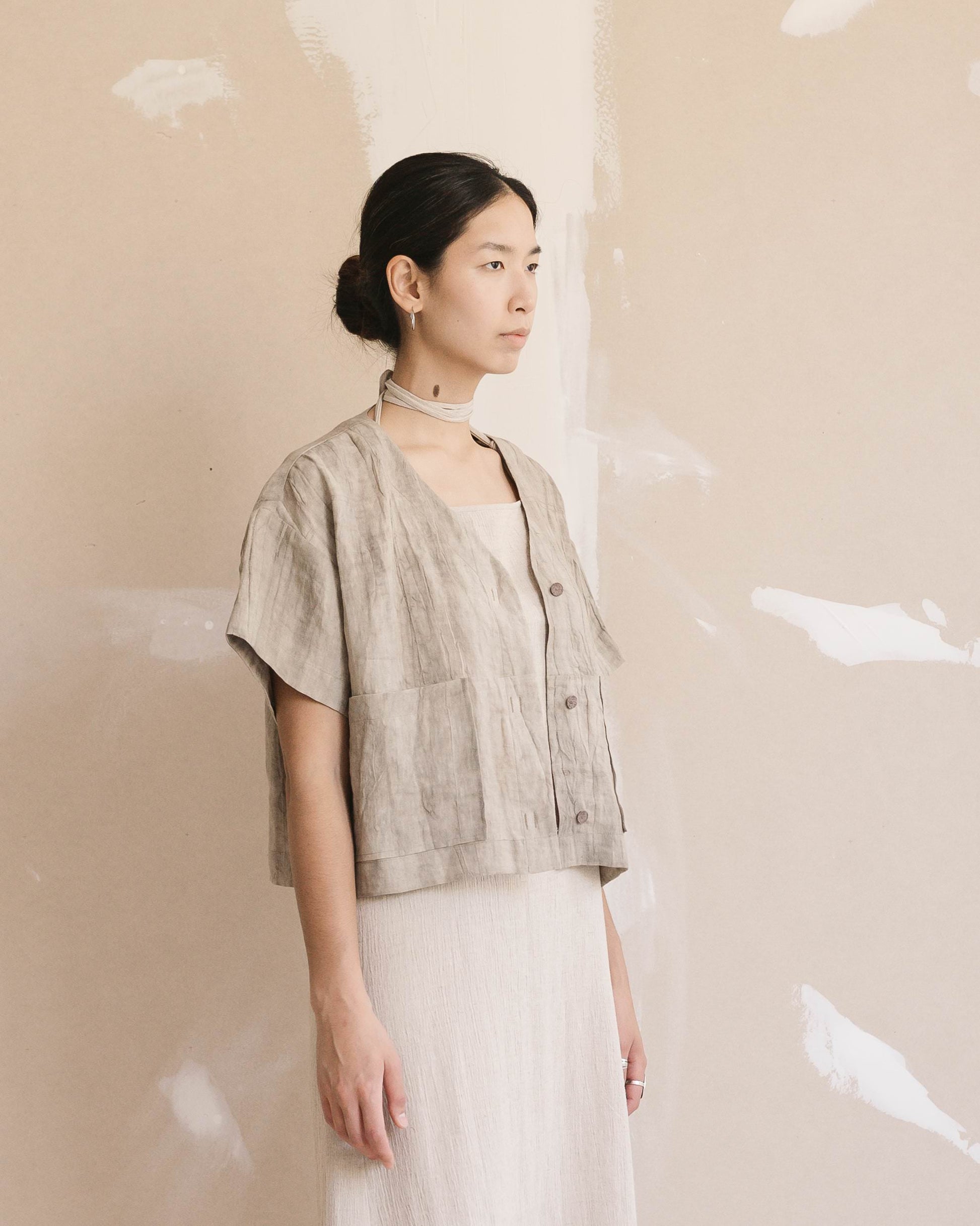 Uma Crop Shirt [W] - Marbled White / Grey